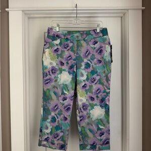 Larry Levine Teal & Lavender Floral Cropped Stretch Pants Women’s Size 10